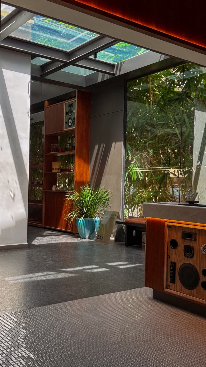 Cafe interior with skylight and bamboo